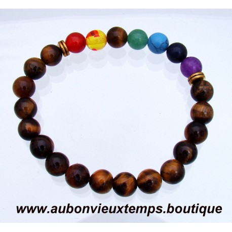 BRACELET NEUF en PERLES de 8 mm en OEIL DE TIGRE ET LES 7 CHAKRAS