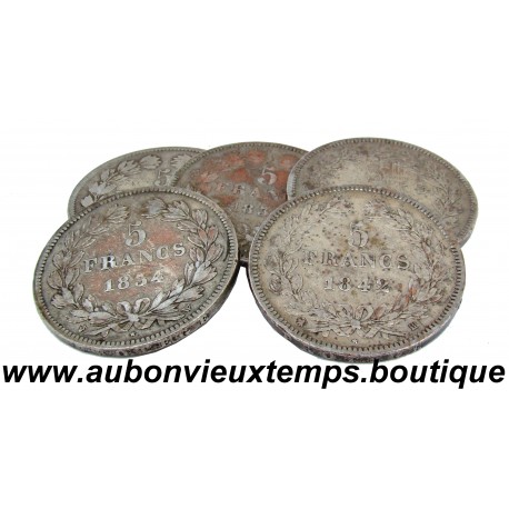 LOT 5 MONNAIES de 5 FRANCS Argent 900 ‰ LOUIS PHILIPPE 1