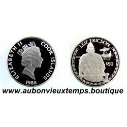 50 DOLLARS Argent 925‰ BE 1988 ELIZABETH II - ILES COOK - LEIF ERICSON
