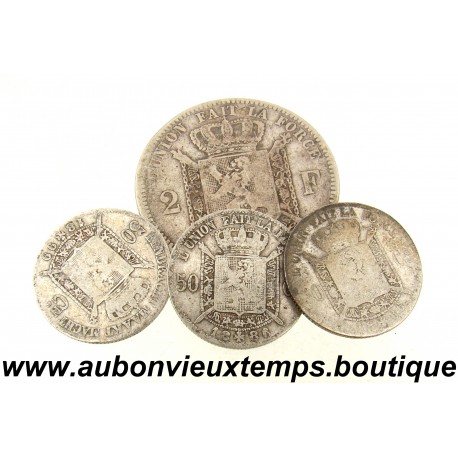 LOT 4 MONNAIES - 1 de 2 FRANCS et 3 de 50 CENTIMES Argent 835 ‰ LEOPOLD II - BELGIQUE