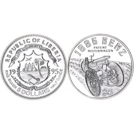 5 DOLLARS Argent 999‰ ( 1/2 ONCE ) 1995 BENZ 1886 - PATENT MOTORWAGEN - LIBERIA