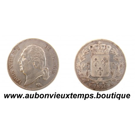 5 FRANCS Argent 900 ‰ 1820 A LOUIS XVIII - BUSTE NU
