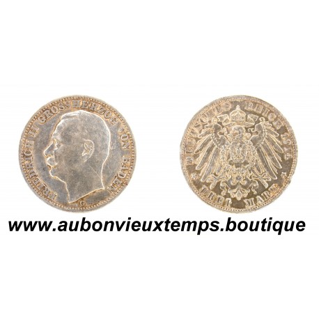 DREI ( 3 ) MARK Argent 900‰ 1914 G FREDERIC II ( FRIEDRICH II ) – KARLSRUHE - GRAND DUCHÉ de BADE – ALLEMAGNE 