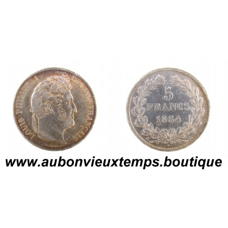 5 FRANCS Argent 900‰ 1834 A LOUIS PHILIPPE 1 - TETE LAUREE - PARIS