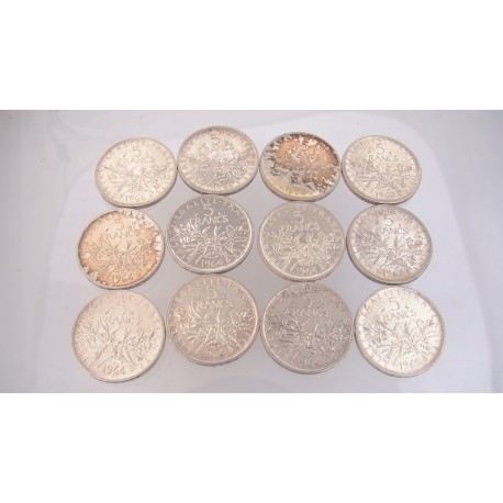 LOT DE 12 MONNAIES ARGENT 5 FRANCS SEMEUSE